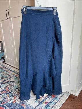 J.McLaughlin Zia Navy Blue Linen Ruffle Wrap Midi Skirt Size XS
